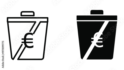 Depiction of saving and spending with euro symbols in trash bins