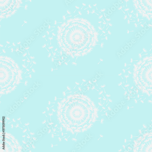 White dandelion mandala seamless pattern on light blue