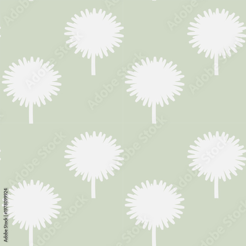 Minimalist white dandelion flower seamless pattern on green
