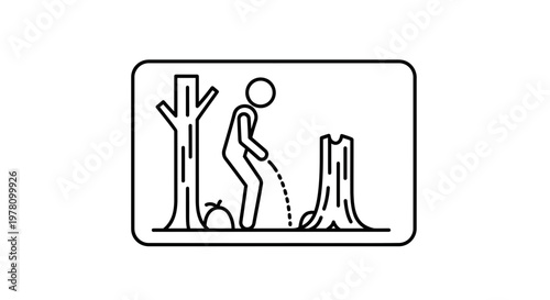Man peeing on a tree stump in forest, nature, outdoor activity, symbol