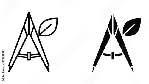Classic and modern versions of drafting compasses with leaf accents depicted in black and white