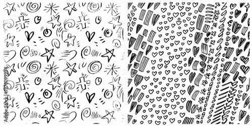 Hand drawn doodles and abstract shapes create a chaotic patterned background