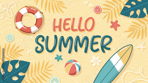 Hello summer text with surfboard and floater beach element in pattern design..eps