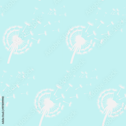 White flying dandelion seeds seamless pattern on blue