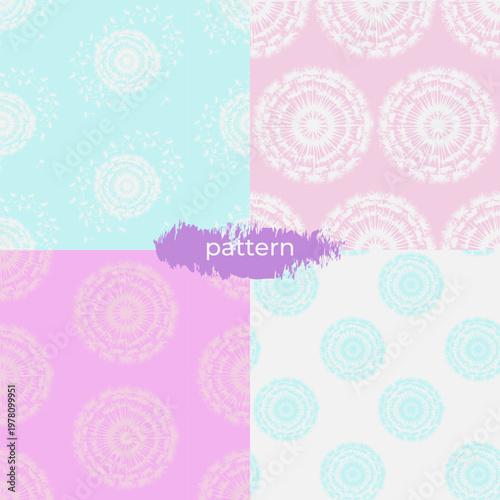 Set of 4 pastel dandelion mandala seamless patterns