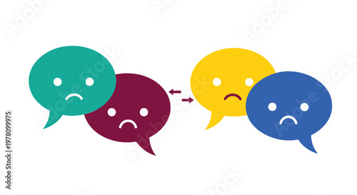 Sad chat bubbles, unhappy conversation icons, colorful speech bubbles, emoticon faces