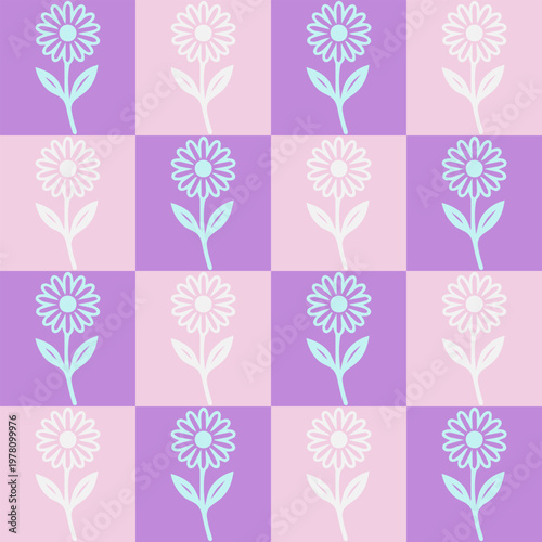 Purple checkerboard floral seamless pattern