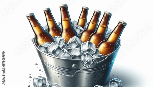 Beer bottles in a metal bucket with ice cubes. Illustration, isolated on a white background