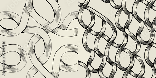 Intricate black and white line drawing of woven ribbon patterns