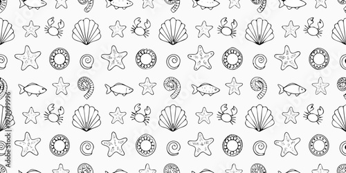 A seamless pattern of hand drawn marine life and beach elements