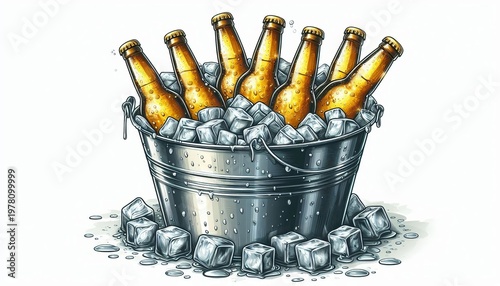 Beer bottles in a metal bucket with ice cubes. Illustration, isolated on a white background