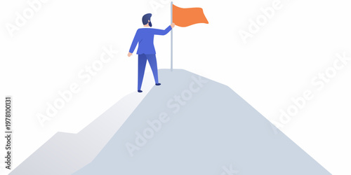 A man plants an orange flag atop a stylized mountain peak