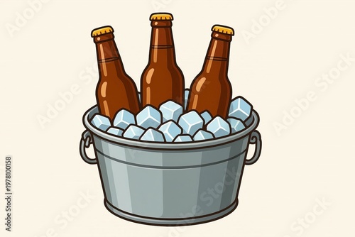 Beer bottles in a metal bucket with ice cubes. Illustration, isolated on a white background
