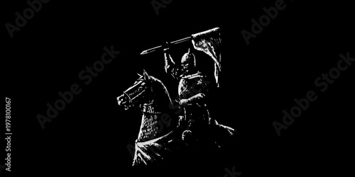 A silhouetted knight on horseback raises a flag in a dramatic scene