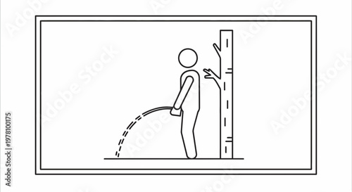 Man urinating against a tree in a minimalist line art style