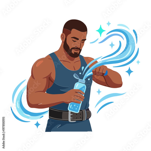 Man spraying water from bottle during fitness routine outdoors quickly