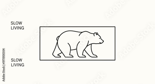 Minimalist line art bear walking inside a rectangle, symbolizing slow living