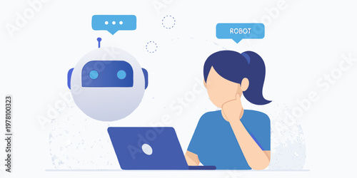 Woman interacting with a futuristic robot and using a laptop