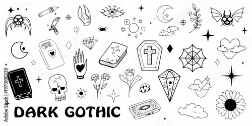 A collection of dark gothic themed illustrations and decorative elements