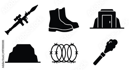 Military defense and survival equipment icons showcasing a rocket launcher, combat boots, protective bunker, barbed wire, and a torch, perfect for game assets or security visuals.