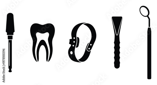 Dental instruments and a molar tooth icon represent professional oral hygiene procedures and care for dentistry education or clinic advertising materials.