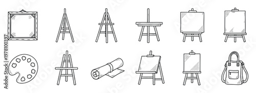 Hand drawn sketch style collection of artists painting and drawing tools including various easels, canvas, palette, and art supply bag for creative projects