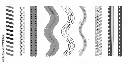 Collection of various tire track impressions in grayscale tones