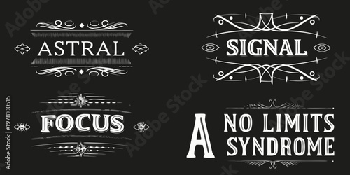 Four ornate black and white typographic designs with decorative elements