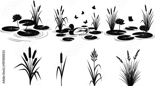 Black silhouette collection of pond life, mallard duck, water lily, cattails, bullrush, and marsh grass elements isolated on white background.