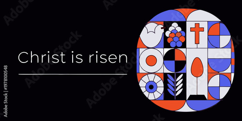 A colorful easter egg with religious symbols and text christ is risen