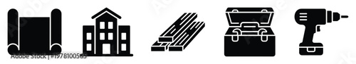 Essential construction and architecture icons including blueprint scroll, building structure, stacked lumber, open toolkit, and powerful cordless drill for diverse industry design projects