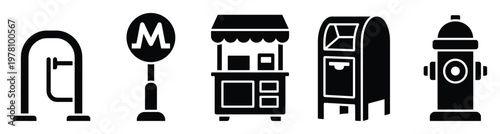 Essential public urban infrastructure icon set featuring a turnstile metro sign street kiosk mailbox and fire hydrant ideal for modern city service apps and informational graphics