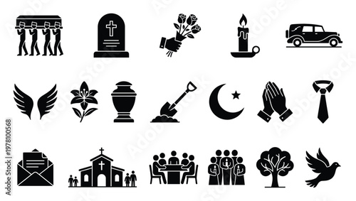 Collection of funeral service and memorial ceremony glyph icons representing loss, remembrance, and condolences for various spiritual and mourning themes