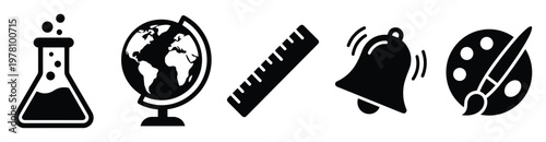 Essential school and education icons featuring a chemistry flask globe ruler ringing bell and paint palette for academic resources and digital learning applications