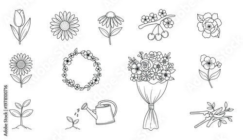Line drawing collection featuring various garden flowers, growing plants, and gardening tools for educational resources, coloring pages, and seasonal graphic projects