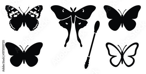 Collection of various butterfly and elegant moth silhouettes with an eyeliner or mascara applicator for graphic design projects, educational materials, and decorative purposes