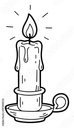 A simple illuminated glowing candle with dripping wax in a traditional candle holder, perfect for creating a warm ambiance or adding a classic decorative touch to various visual