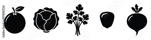 Collection of diverse fruit vegetable and herb silhouettes perfect for grocery applications health food blogs cooking recipes and organic lifestyle marketing materials
