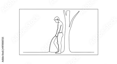 Man Urinating Against Tree, Single Line Drawing