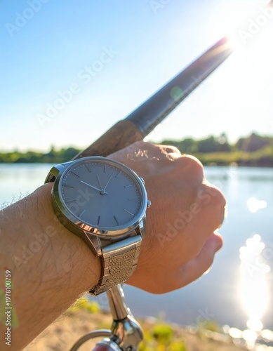Wristwatch on a hand holding a fishing rod by a sunny lake.