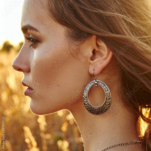 Young Woman with Ornate Earrings in Golden Hour Light.