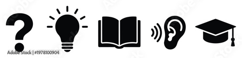 A comprehensive set of black flat icons representing the journey of inquiry, new ideas, extensive learning, active listening, and academic achievement for educational and selfimprovement