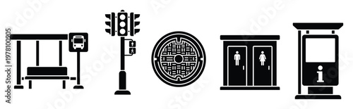 A comprehensive collection of urban city infrastructure icons featuring a bus stop, traffic light, manhole cover, public toilets, and an information kiosk, suitable for urban planning and
