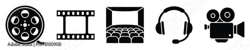 Black and white icons for film and video production featuring a movie reel, strip, cinema theater, headset with microphone, and video camera symbol useful for various media projects