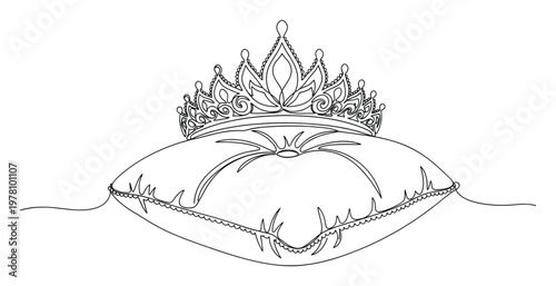 A single continuous line drawing capturing an elegant regal crown resting on a decorative cushion, perfect for princess party invitations, royal themed event stationery, or sophisticated