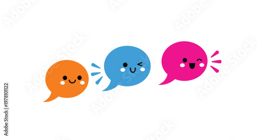 Chat, speech, and dialogue icons, colorful emoticon bubbles, vector conversation symbols