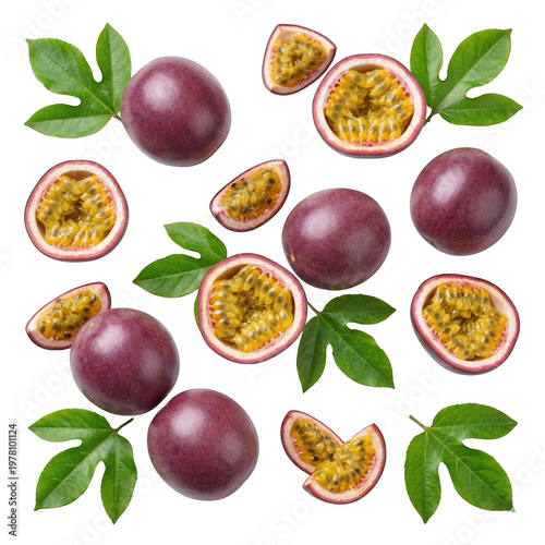 Fresh passion fruit with green leaves on transparent