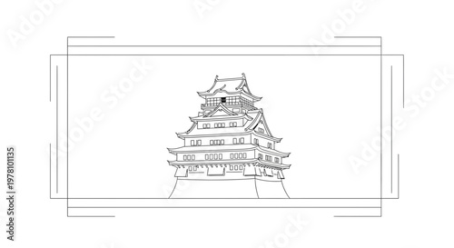 Japanese Castle Sketch - Traditional Architecture, Historic Landmark, Outline Drawing