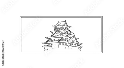 Japanese Castle Sketch - Traditional Architecture, Historical Landmark, Outline Drawing