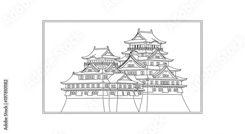 Japanese Castle Sketch Outline Drawing - Traditional Architecture Landmark